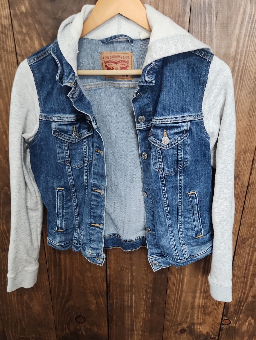 Levi's Blue Denim Jacket with Light Gray Hoodie Sleeves